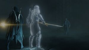 Sauron being confronted by Celebrimbor and Eltariel.