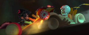 Turbo makes an attempt to ram Vanellope to a wall