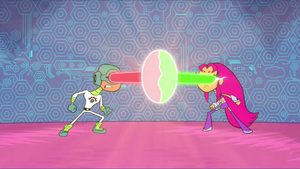 See-More and Starfire using their laser eyes on each other