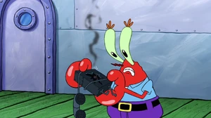 Mr. Krabs watching horrified as the phone says that Neptune’s crown is in Shell City.