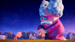 Harold slapping his giant hand at a giant Poopypants.