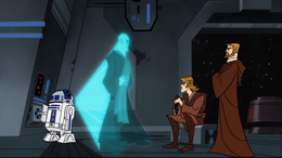 Onboard the frigate, Kenobi and Skywalker received a transmission from Jedi Master Mace Windu who announces that Coruscant was under siege and Grievous has captured Palpatine.