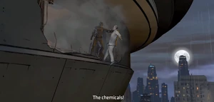 Falcone is interrogated by Batman about the stolen psycho-active nerve chemicals and the incident at the docks.