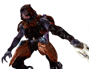 A Red-Orange Sangheili Storm as a commander and a skin in Killer Instinct.