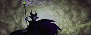 Maleficent wielding her magical staff.