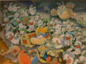 A cropped image of Sergueï and the Rabbids chasing Rayman based on the style of Arabic folktale Aladdin from the Ubisoft Japan Studio.