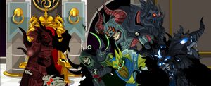 Dage, Nulgath and Noxus bowing down to Sepulchure in AQWorlds: Zombies.