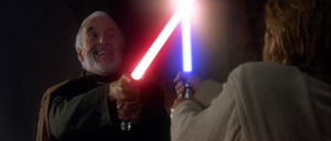 Dooku, a full grin on his face, parried Kenobi's weapon and jabbed at his arm, slicing it open and causing Kenobi to drop his lightsaber.