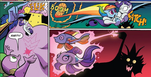 Cosmos turning Rarity and Rainbow Dash into fish.