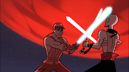 Ventress knocks the lightsaber from Skywalker's hand.