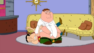 Peter sitting on Quagmire.