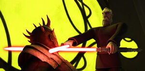 Opress, at Dooku's mercy, loses his first spar in lightsaber combat with his Sith Master.