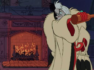Cruella throwing a bottle of alcohol into the fireplace.