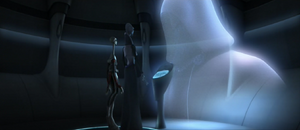 Under his identity of "Tyranus", Dooku was contacted by Kaminoan Prime Minister Lama Su and Chief Scientist Nala Se in a private chamber.