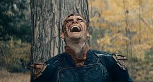 Homelander's evil laugh upon seeing Butcher protect Ryan from him.