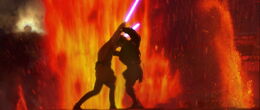 Darth Vader duels his master, Obi-Wan Kenobi, on Mustafar.