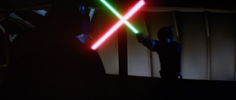 Enraged, Luke ignited his lightsaber and viciously attacked Vader with anger and fury.