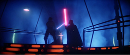 Striding up to the Dark Lord, Skywalker ignited his lightsaber. Vader responded by calmly activating his own saber.