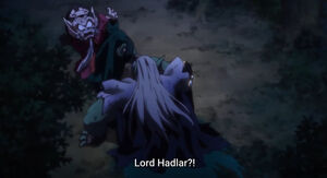 A wounded Hadlar revealing himself to be alive and grabbing Zaboera's leg, much to the latter's shock.