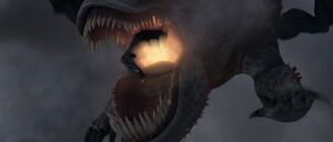 Toothless and Hiccup get out of the way just in time, while the Red Death roars in horror as he continues to fall