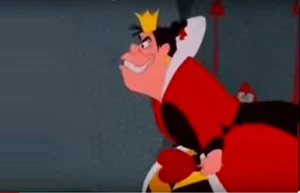 The Queen of Hearts' evil grin as she approached the painted rose bush