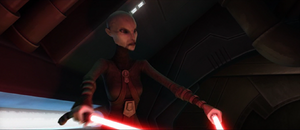 Ventress held in Dooku's telekinetic grip.