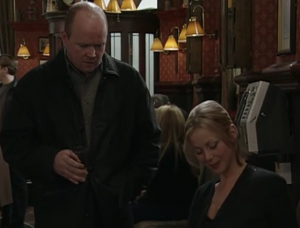 Phil Mitchell chatting with Steve's ex-girlfriend Saskia Duncan.