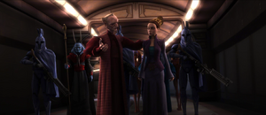 Palpatine tells a disappointed Senator Amidala that with more troops, perhaps the war would end more quickly.