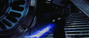 Sidious attacking Skywalker with Force lightning.