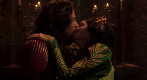 Dracula and Elisabeta sharing a kiss before he heads out to battle the Turks.