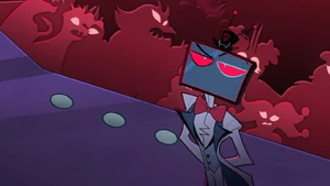 Vox surprisingly shows no fear of Lucifer appearing, making himself look scary and threatening to make Vox leave Charlie alone.