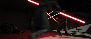 Asajj attacks Dooku, commanding Savage to rejoin the fight.