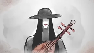 Kintoru holding a cursed biwa