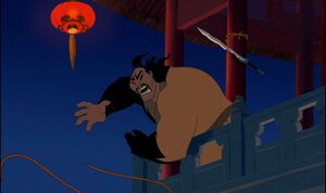 Shan Yu failing to pursue the Emperor when Mulan cuts the zip line.