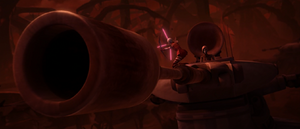 Ventress commandeers an AAT tank and fires its main cannon at the Defoliator Tank destroying the enemy cannon.