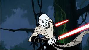 Ventress animalisticly charges towards Skywalker.