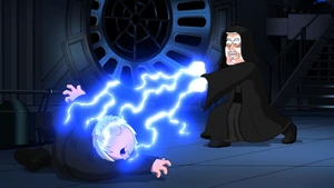 Emperor Carter mercilessly and hilariously attacking Luke (Chris Griffin) with Force Lightning in his throne room on the Death Star II.