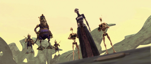 Ventress and King Katuunko watch the battle progress from a mountaintop.
