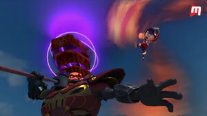 BoBoiBoy Blaze jumped behind Bora Ra and about to attack him.