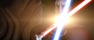 Both Jedi and Sith lightsabers clash together causing them to spark.