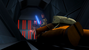 Ezra attempts to attack the Inquisitor with his energy slingshot, but the Jedi hunter uses the Force to throw him down the cell block.