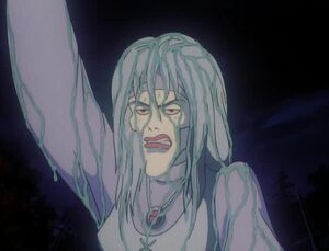 Sarah soaking wet, much to her annoyance and anger.