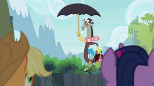 Discord greeting the Mane 6 (whilst impersonating Mary Poppins).