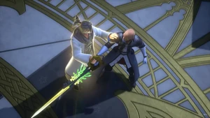 Master Eraqus convincing Master Xehanort to accept defeat.