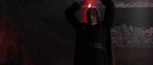 As Dooku lifted his lightsaber to finish Kenobi, Skywalker ignited his lightsaber and used the Force to leap across the hanger.