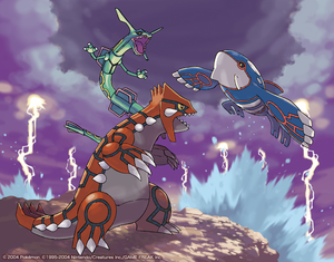 Rayquaza intervening in Groudon's and Kyogre's duel.