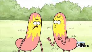 The Talking Hot Dogs covered in mustard