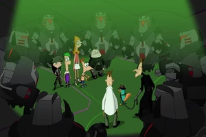 2nd Doofenshmirtz and the Norm Bots trapping the kids by using a captive Perry as bait.
