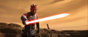 Maul points his saber at Obi-Wan snarling that he will not stand in his way.