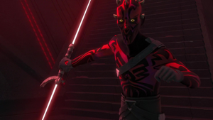 Maul jerks back onto the staircase before rushing towards his prey.